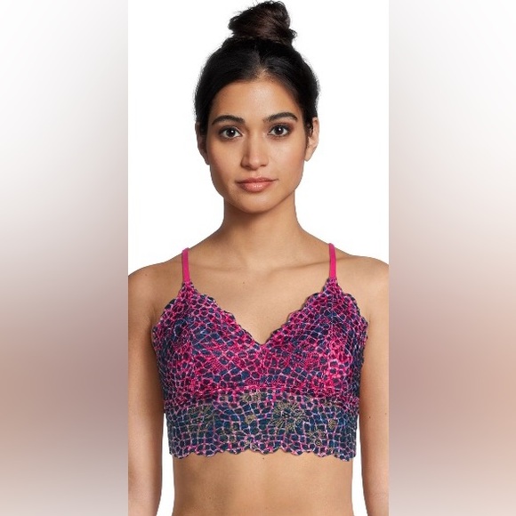 Juniors Longline Floral Lace Bralette- Pink and Navy Blue Lace Bralette size XL - Picture 5 of 6